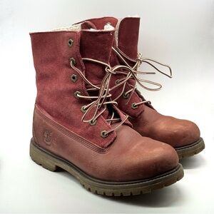 Timberland Teddy Fleece Red Leather Sherpa Boots